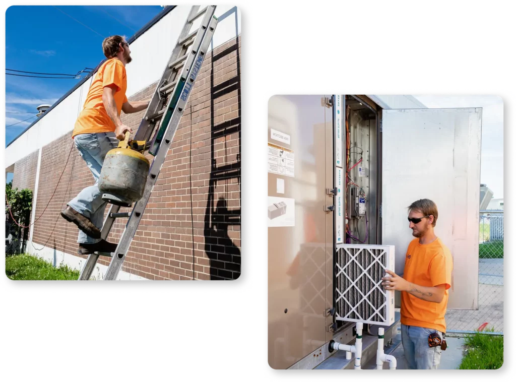 A person in an orange shirt climbs a ladder with a tool bucket while another does commercial HVAC unit filter maintenance outdoors.