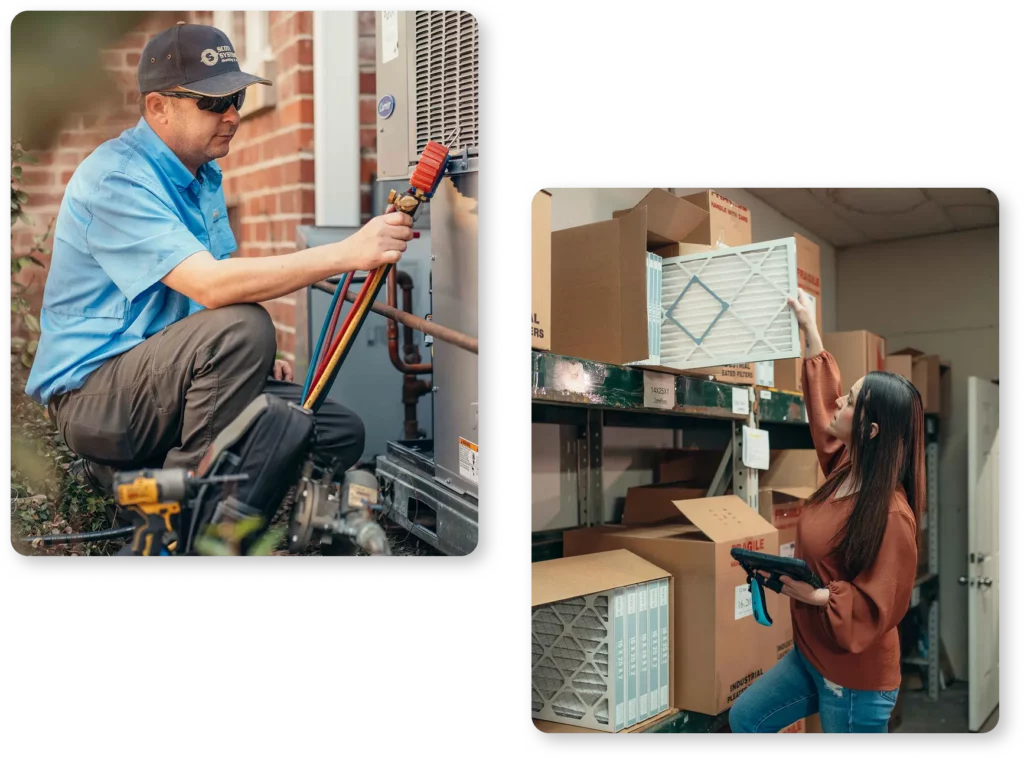 Two images: one shows a technician from Scott Systems checking an outdoor HVAC unit; the other shows a woman retrieving an air filter from a warehouse shelf while holding a tablet.
