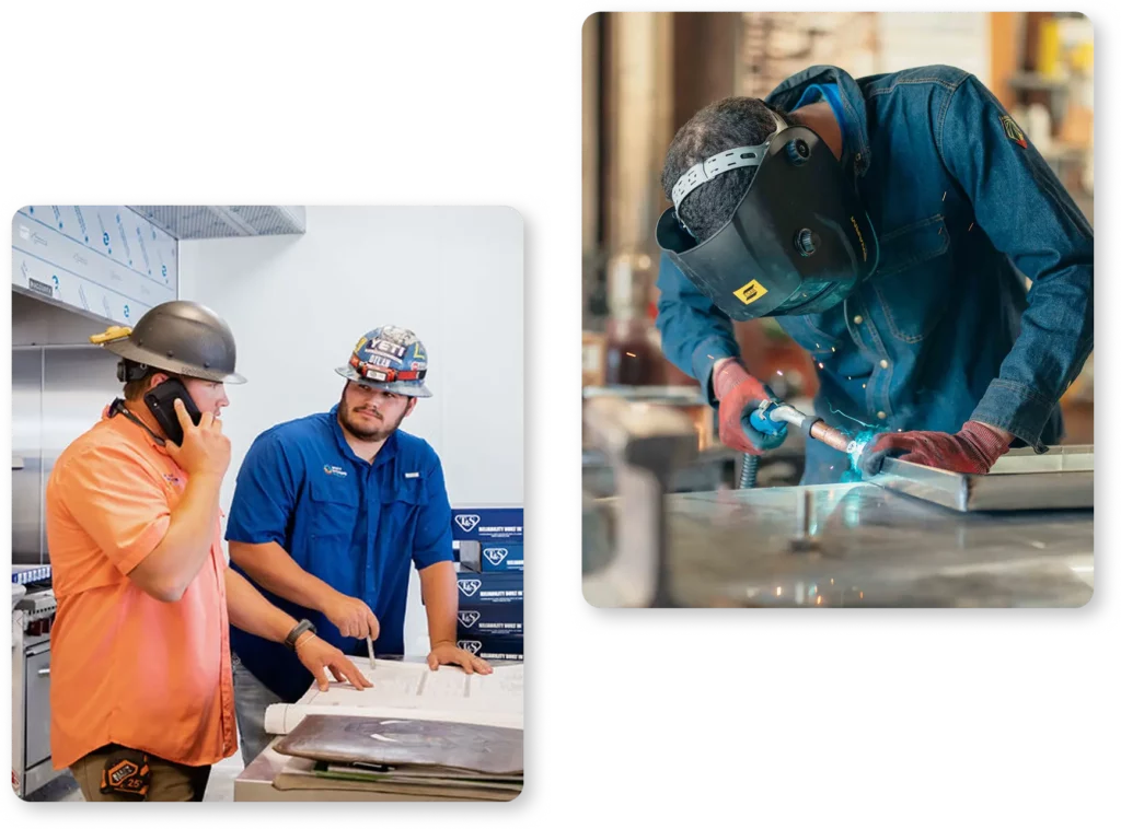 Two construction workers review blueprints while one talks on the phone; another person welds metal while wearing protective gear and a welding mask, highlighting the importance of mechanical maintenance and HVAC services on site.