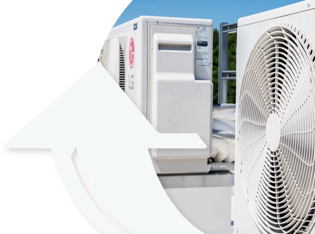 Close-up view of outdoor air conditioning units with visible fan and vent details, partially overlaid by a white Scott Systems arrow graphic