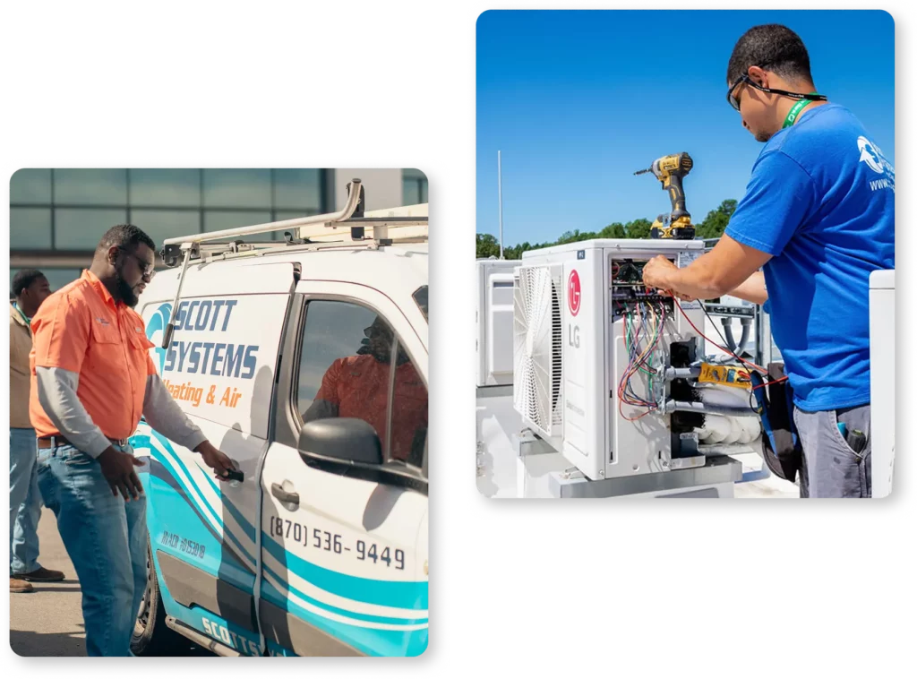 Two HVAC technicians work: one stands beside a Scott Systems Heating & Air van, while the other performs mechanical repair on an outdoor air conditioning unit atop a rooftop.